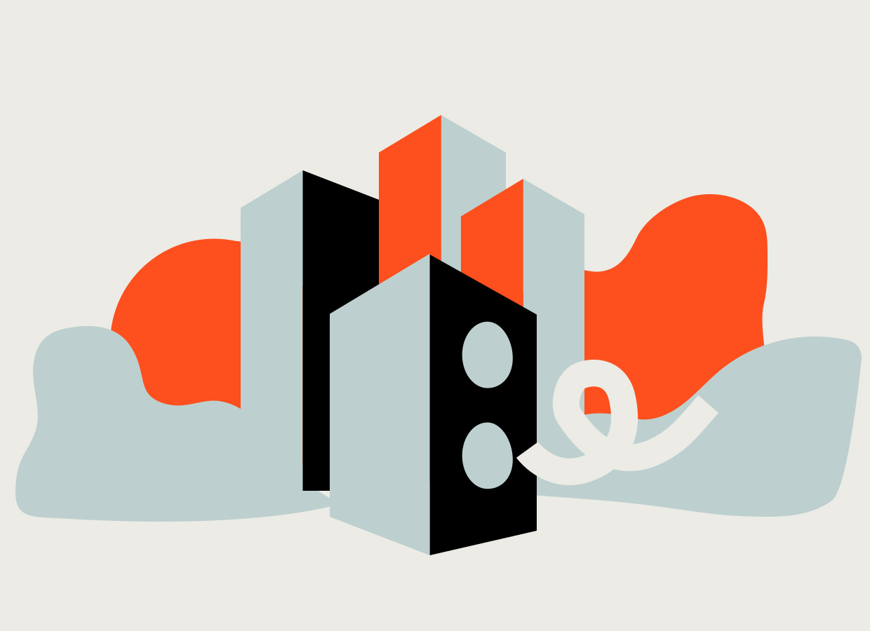 Illustration einer Skyline aus Lautsprecherboxen.